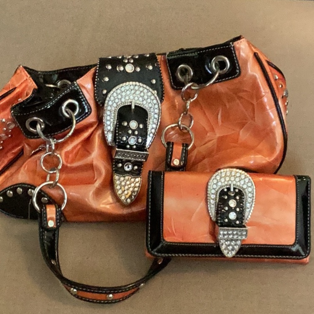 NWOT Orange and Black Studded Women's Bag Set